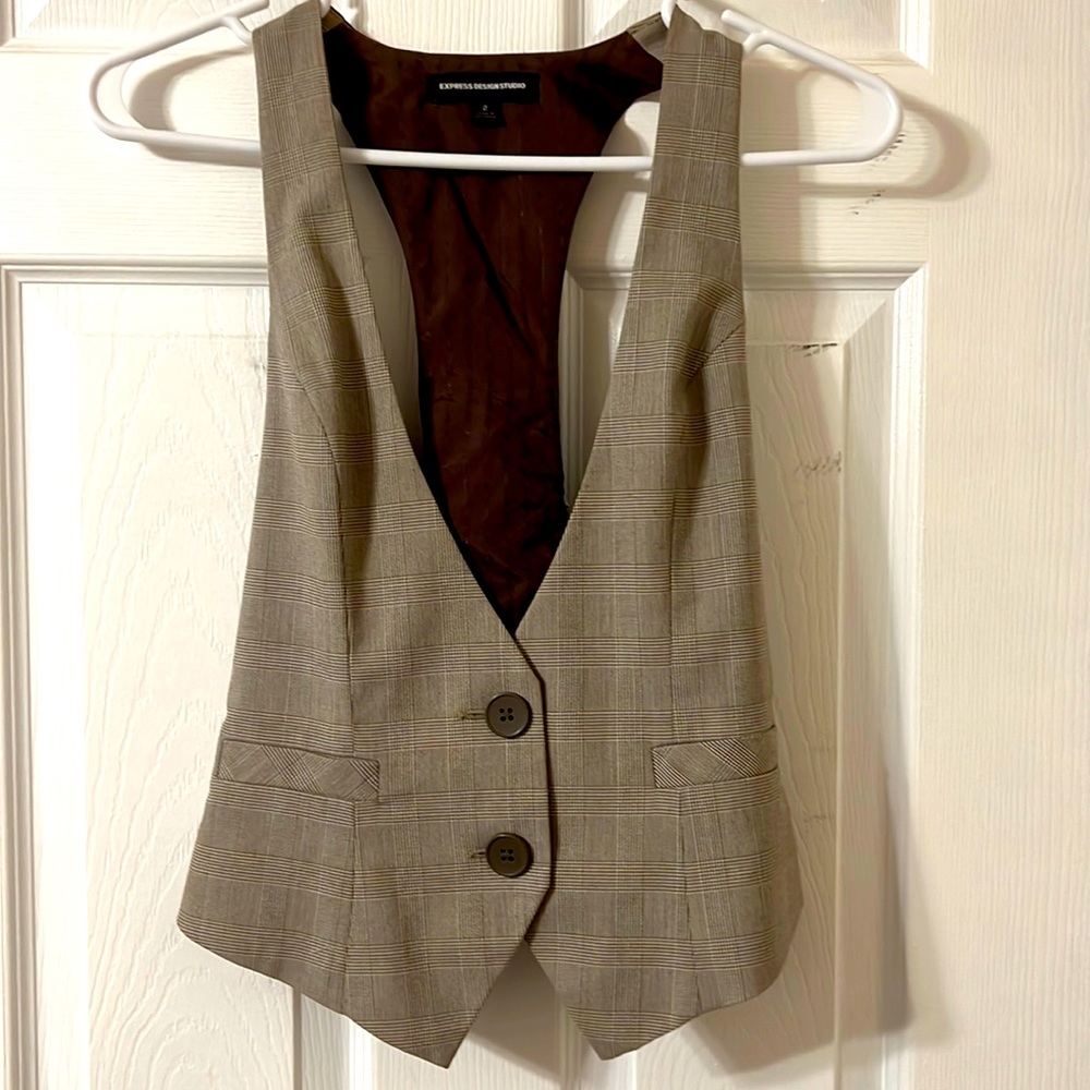 Express Design Studio, Tan and Brown Houndstooth Vest, Size 2.